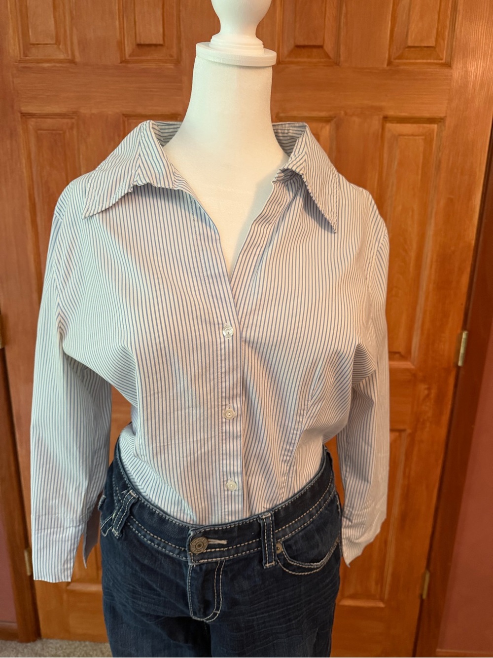 New York & Company Blue and White Pinstripe Button-Down Shirt